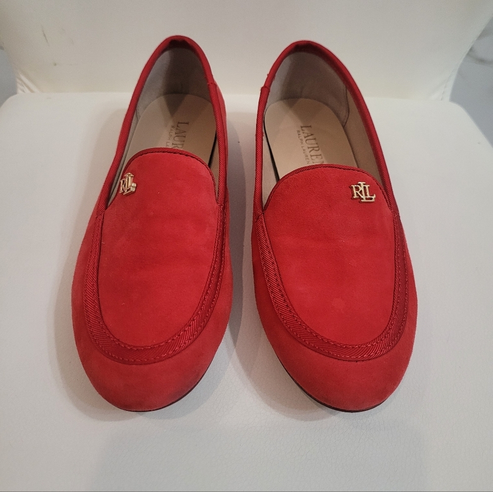 Ralph Lauren Red Suede Flats Clair Suede Smoking Slipper Size 7B/37
